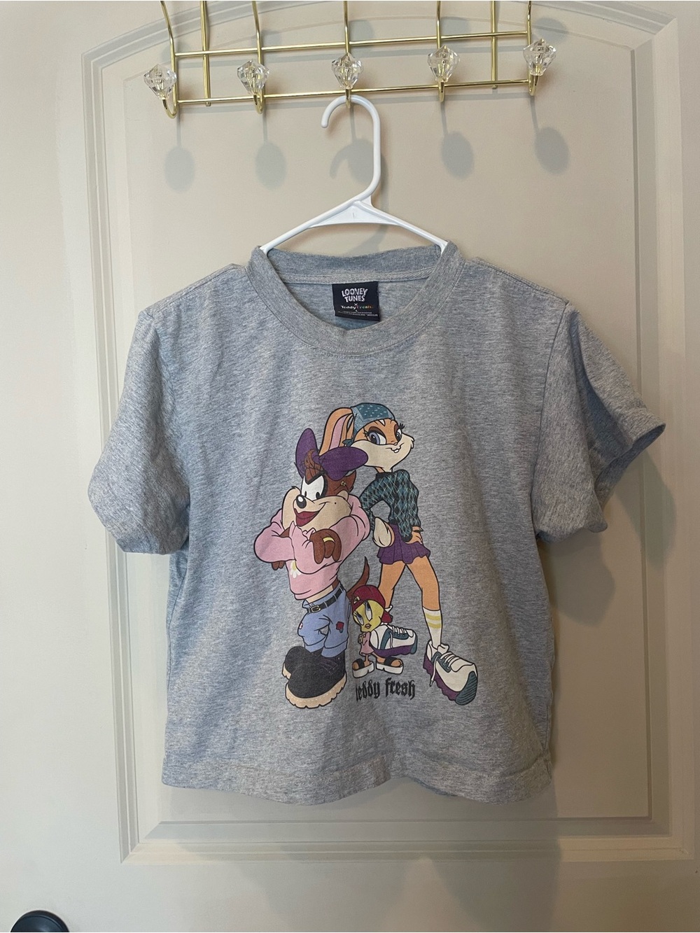 Teddy Fresh Grey Crop Tee with Colorful Cartoon Print